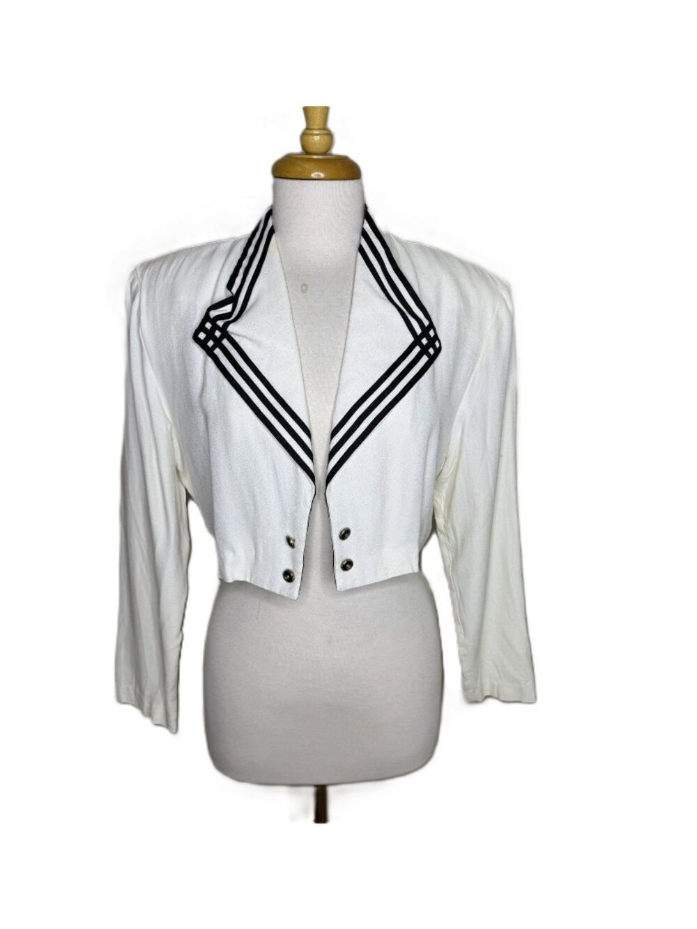 Vintage 80s Women's White Nautical Cropped Open-Front Blazer, Size 12
